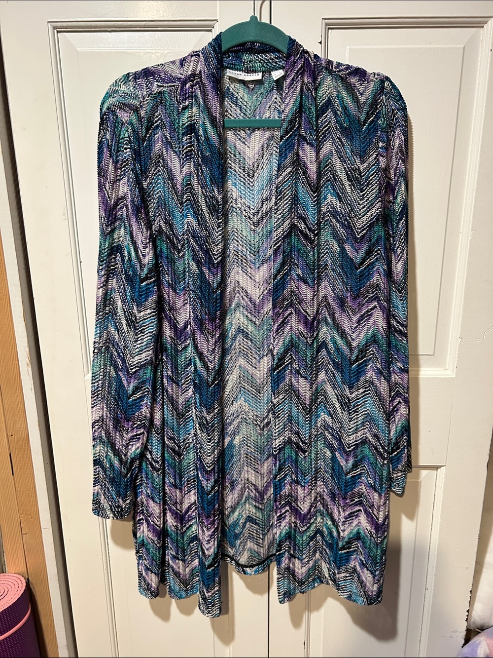 Susan Graver Open-Front Chevron Cardigan in Teal, Purple & Black